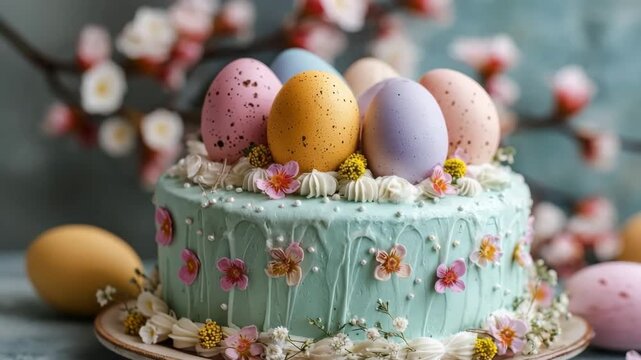 Pastel easter cake decorated with speckled eggs and spring flowers on blue background