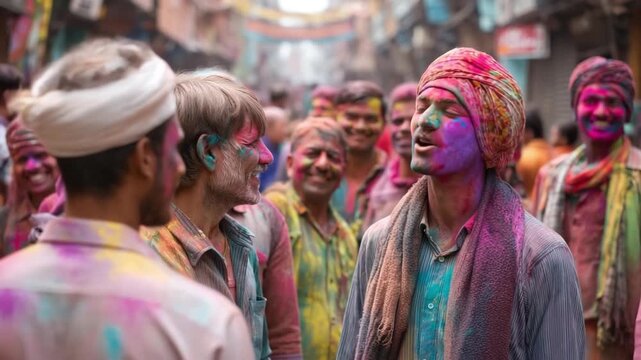 People with faces and clothes covered in vibrant colors smiling during holi celebration