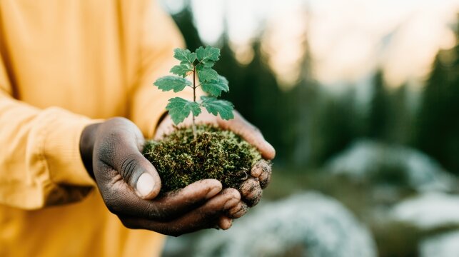A hopeful moment captured as a person cradles a young green seedling on a patch of lush moss, symbolizing renewal, growth, and a commitment to nurturing nature.