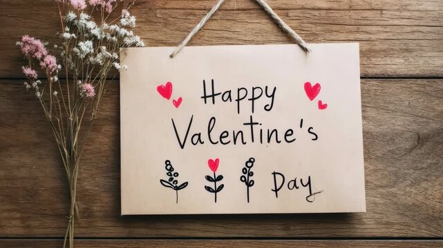 Rustic happy valentine's day sign hanging with string and small dry flowers on wooden background