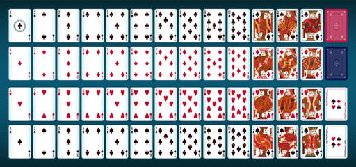 Full deck of Poker cards for gambling. King, Queen, Jack and Joker and spades, hearts, diamonds, clubs suits. Vector editable illustration. © Oleksandr