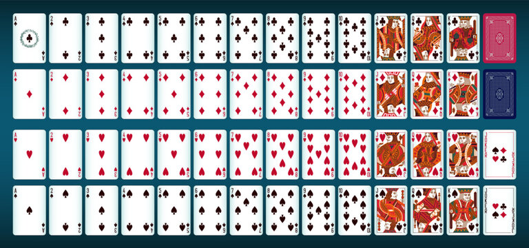 Full deck of Poker cards for gambling. King, Queen, Jack and Joker and spades, hearts, diamonds, clubs suits. Vector editable illustration.