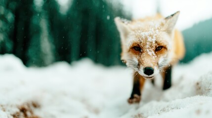 Fototapeta premium A curious fox ventures through a snowy landscape, its fur dusted with snowflakes, embodying the beauty and adventure of wildlife amidst a serene winter setting.