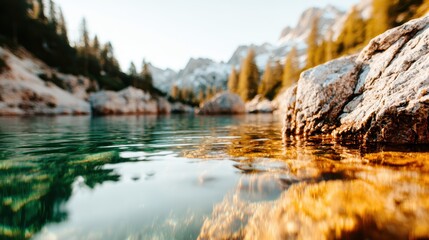 A breathtaking view of a tranquil mountain lake reflecting majestic peaks and vibrant skies, embodying nature's beauty and the peacefulness of outdoor adventures.