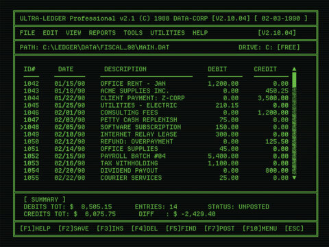 A vintage retro digital vector graphic overlay. Old green CRT screen overlay with accounting app tables and databse with taxes. Green retro text on black screen. 80's display overlay 4:3 with scanline
