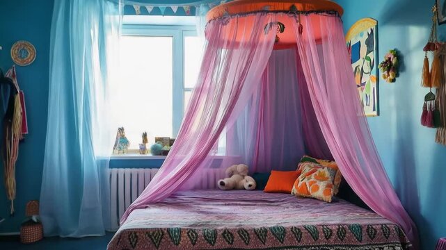 Cozy colorful girl's bedroom with turquoise walls, pink canopy over bed, stuffed bear, patterned bedding and decorative accents