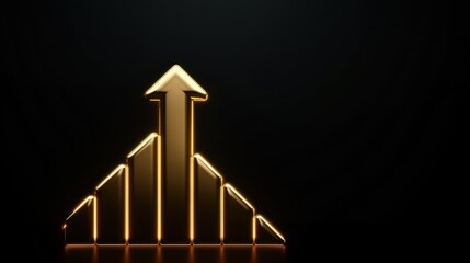 Golden 3D Bar Graph with Upward Arrow on Dark Background: Business Growth, Success, and Achievement