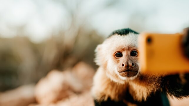 A capuchin monkey captures a playful selfie with a bright yellow smartphone, showcasing its curious personality and playful nature in a stunning outdoor setting.