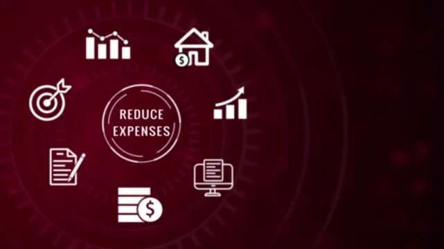 Circular infographic with white representing financial concepts like charts graphs target document and money stack on a dark red blurred background with glowing circular patterns and bokeh effects