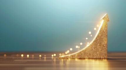 Golden textured arrow rising, symbolizing business growth and success concept on a reflective surface