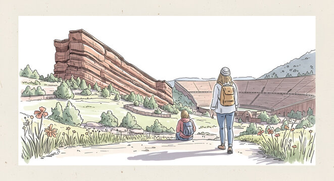 Hikers at Red Rocks Amphitheatre, Colorado, Scenic Illustration, Daytime, Outdoor Adventure