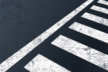Fototapeta premium Asphalt road with pedestrian crosswalk lines. Top view of pedestrian zebra crossing, safety walk signs. White and yellow line marks on black asphalt of city lane, road or highway, vector illustration