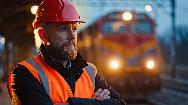 Railway worker in safety gear standing confidently in front of a train at a station