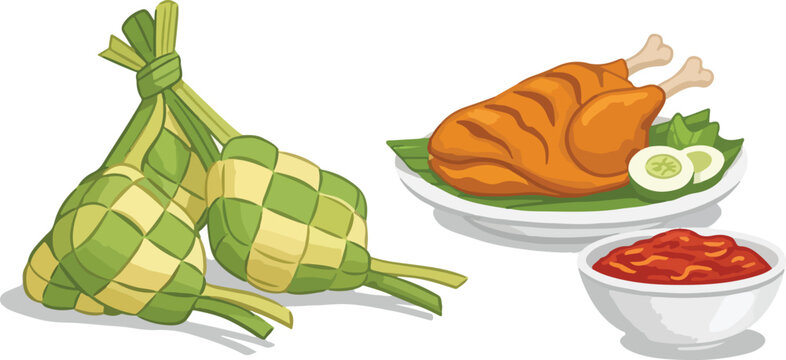 Traditional Indonesian Rice Cake Ketupat with Roasted Chicken and Sambal for Ramadan and Eid Mubarak Celebration