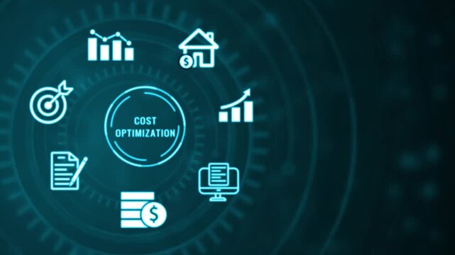 Teal glowing circular infographic with white for cost optimization including charts graphs target document money stack and house on a dark blue blurred background with intricate circular gear
