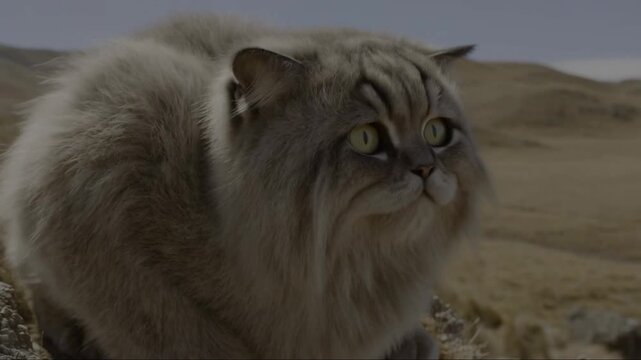 Pallas cat or manul otocolobus manul staring in the wild rocky steppe habitat