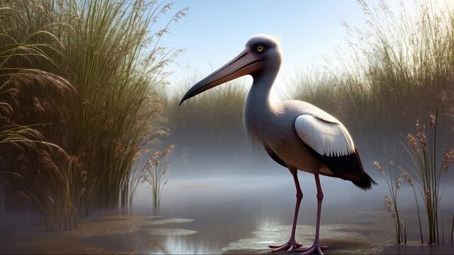 3D rendered Shoebill Stork in its natural marshy habitat.