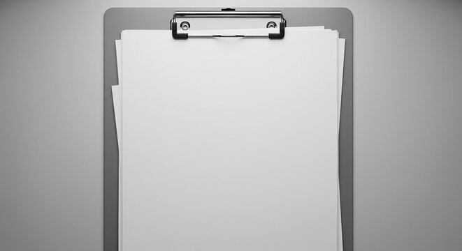 Blank clipboard with empty paper sheets on gray background