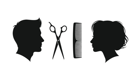 Haircutting tools and profile views depicted as a striking silhouette © DS
