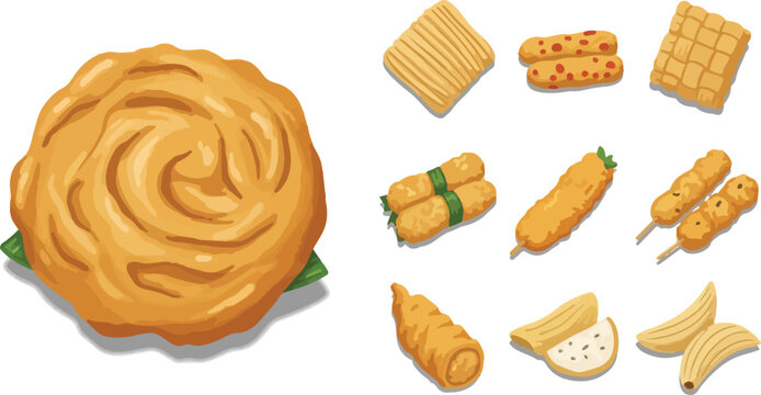 Assorted fried snacks and street food collection for Ramadan iftar, delicious gorengan, bakwan, satay, and traditional fritters set isolated on white background.