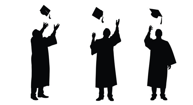 Graduation celebration with three figures throwing hats a dark silhouette