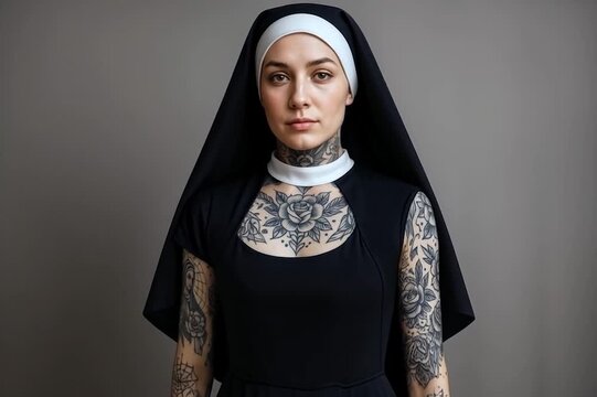 Alternative portrait of tattooed woman wearing nun costume.