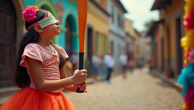 blindfolded mexican girl trying to hit pi&ntilde;ata with stick at colorful street party