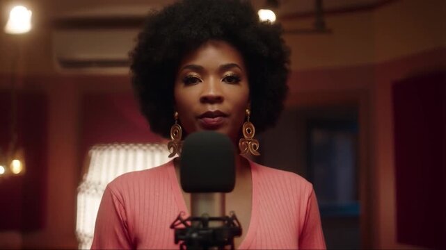Sensual black singer with an Afro hairstyle in a glamorous outfit in front of the microphone in the recording studio.