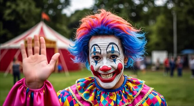 Low fps creepy footage about a weird clown against a circus tent