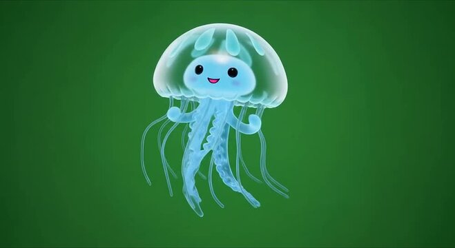 Cute cartoon jellyfish with a happy face and glowing blue body, isolated on a green background.