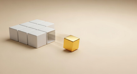 Obraz premium Golden Cube Rolling Away from Group – Minimal Concept for Startup Journey and New Business Beginning