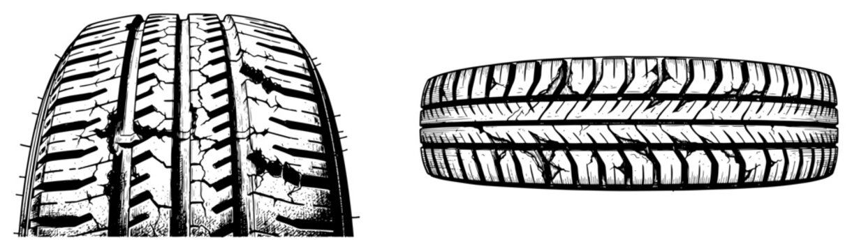 Hand drawn illustration of old worn car tire with detailed rubber tread texture