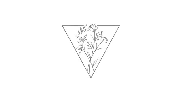 Vector triangular floral logo, minimalist line art illustration of flowers in triangle shape, for branding or logo design, Isolated on transparent background, png