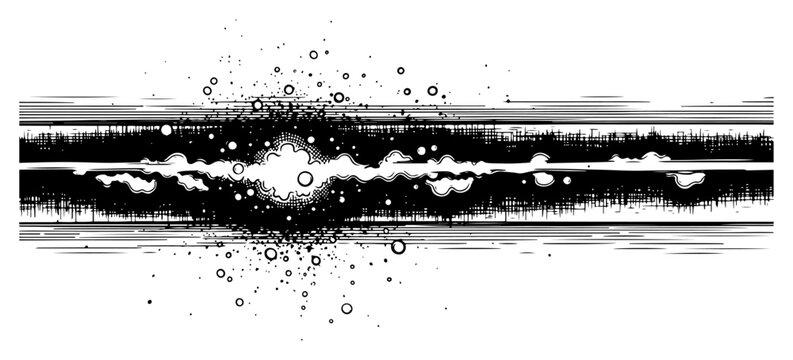 Abstract horizontal grunge explosion with ink splatters and cosmic energy dust