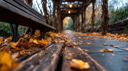 This image captures a serene, fallen leaf-covered pathway in autumn, accentuated by a wooden bench and an enchanting lighted trellis overhead, inviting tranquility.
