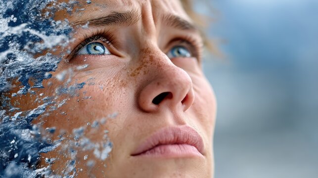 A close-up portrait of a determined woman gazing upward as waves crash beside her, symbolizing resilience and the struggle against life's challenges and forces.