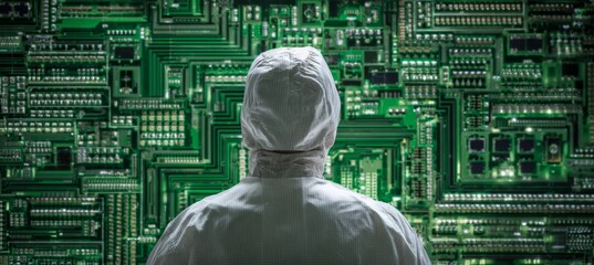 Back view engineer looking at giant microchip network. Generative AI technology.