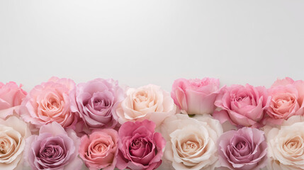 Naklejka premium A beautiful border of soft pastel roses in shades of pink, lavender, and cream, neatly arranged at the bottom of a clean white background with ample copy space.