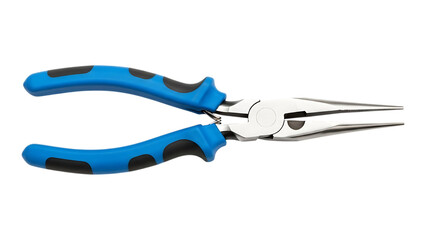 Fototapeta premium Precision pliers with blue ergonomic handles and sharp metal tips for gripping small objects and wire cutting on a white background
