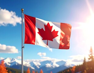 A Canadian flag waving in the wind with mountains and blue sky