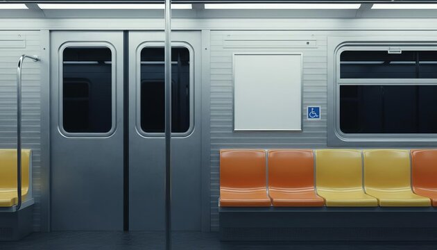 Empty subway train interior mockup with blank billboard advertisement frame and colorful seating for urban public transport branding.