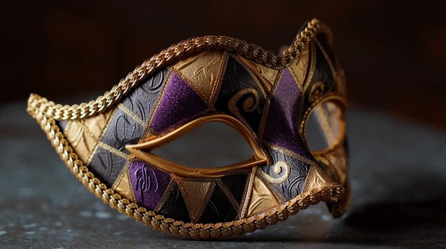 A decorative Mardi Gras mask with purple and gold patterns. The mask features intricate designs and is set against a dark background, symbolizing celebration and festivity.