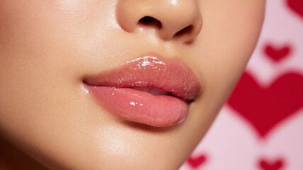 Naklejka premium Glossy pink lips close up with smooth tan skin and soft natural makeup, creating fresh and attractive look