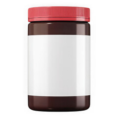 Dark brown jar with red lid and blank label isolated on transparent background