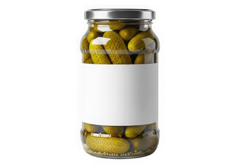 Jar of green olives with silver lid and blank label isolated on transparent background
