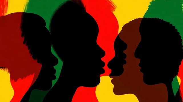 Silhouettes of diverse faces on a vibrant background, celebrating African American culture, unity in diversity, Black History Month, artistic representation, cultural heritage, identity expression