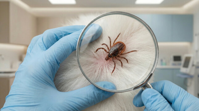 Close up point of view shot of veterinarian hands in blue gloves using optical magnifying glass to inspect dangerous brown parasite tick attached to skin of white fluffy dog.