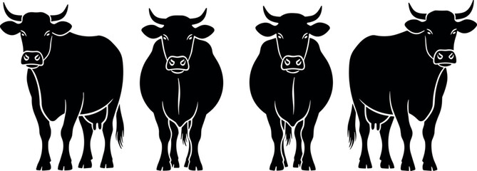 Black Silhouette Set of Four Cow Icons Facing Forward with Horns Isolated on White Background for Dairy Farm and Agriculture