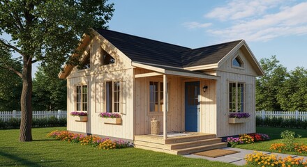 Fototapeta premium Charming Small House with Porch and Landscaped Yard.