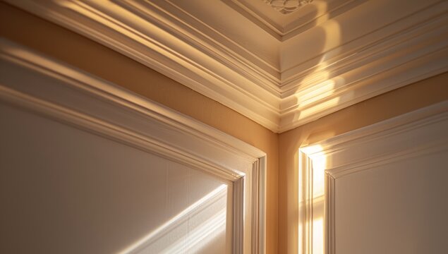 Sunlit interior room corner with intricate white classical molding and warm shadows